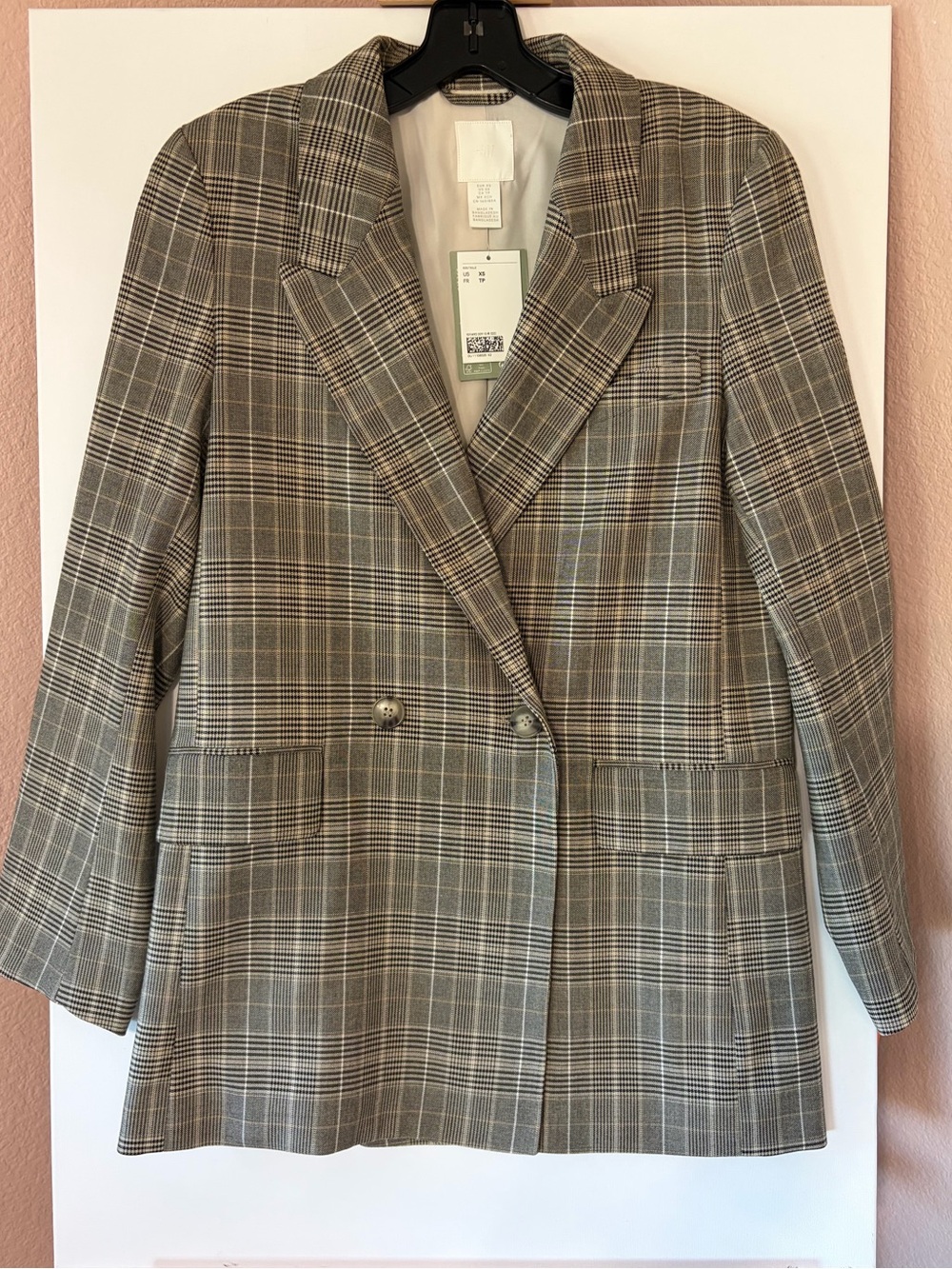 H&M Plaid Blazer NWT Double Breasted Brown Tan Check Suit Jacket XS Extra Small